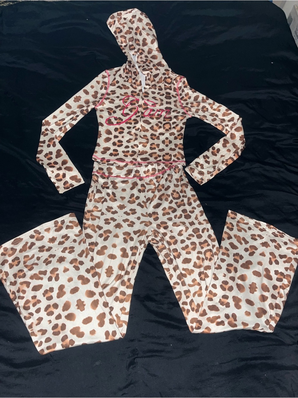 SHEIN Brown and White Leopard Print Hooded Jumpsuit with Pink Trim